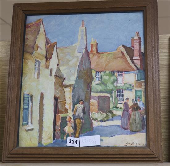 Gerald Lee, oil on board, figures in a village street, 37 x 32cm